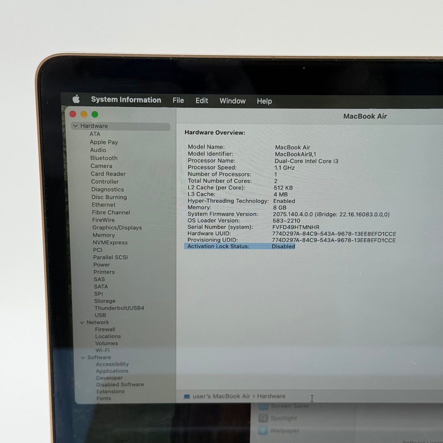2020 Apple MacBook Air 13.3" i3 1.1GHz 8GB RAM 256GB SSD Rose Gold A2179