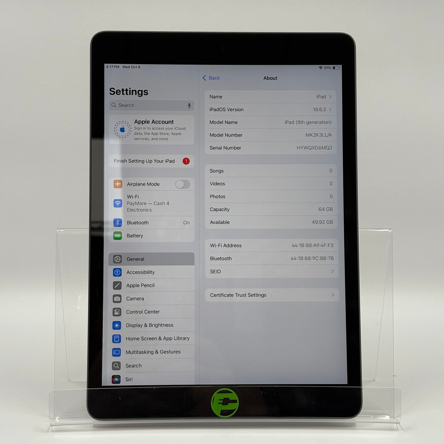 WiFi Only Apple iPad 9th Gen 64GB Space gray MK2K3LL/A