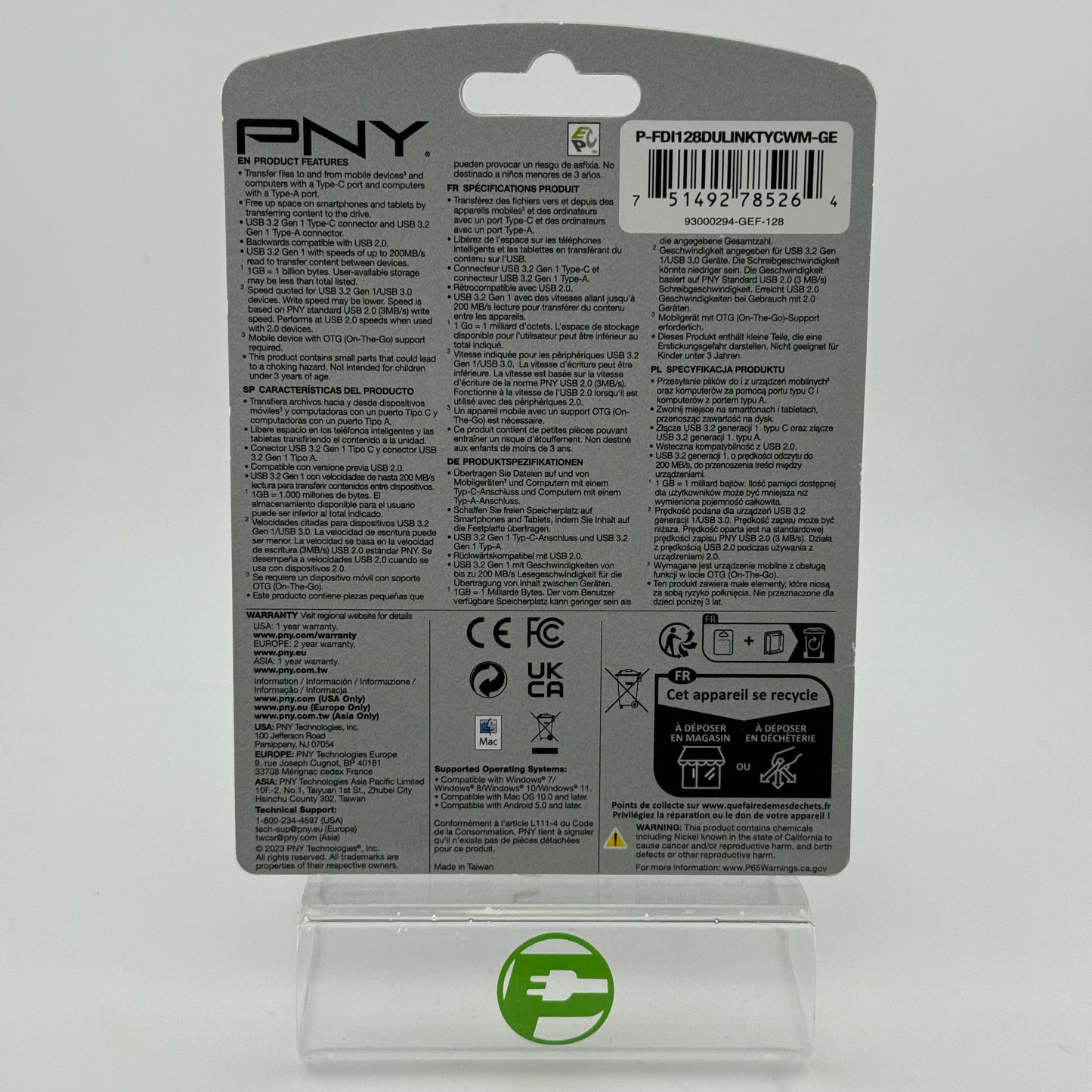 New PNY Duo Link 128GB Type-C USB 3.2 Dual Flash Drive 93000294-GEF-128