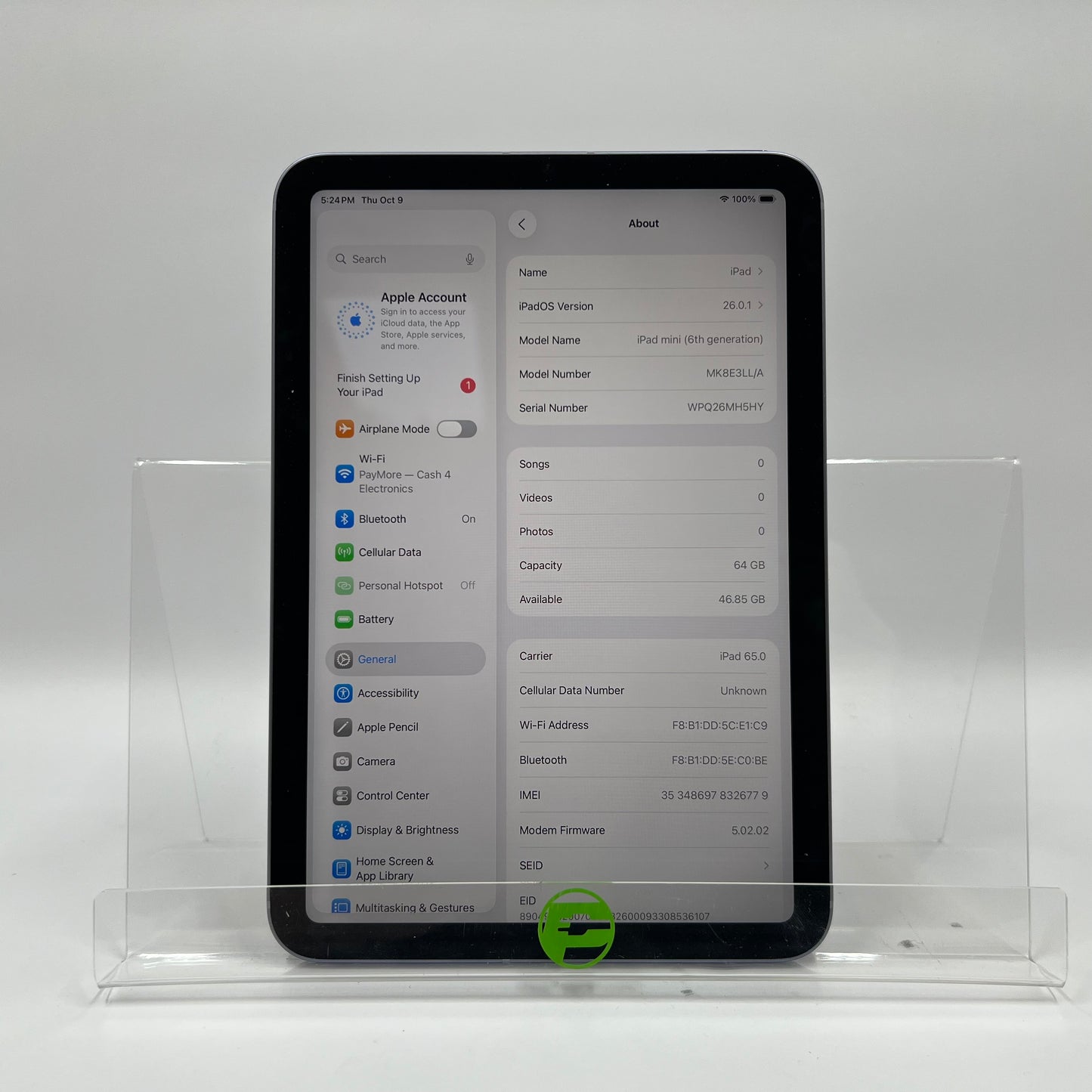 WiFi Only Apple iPad Mini 6th Gen 64GB Purple MK8E3LL/A