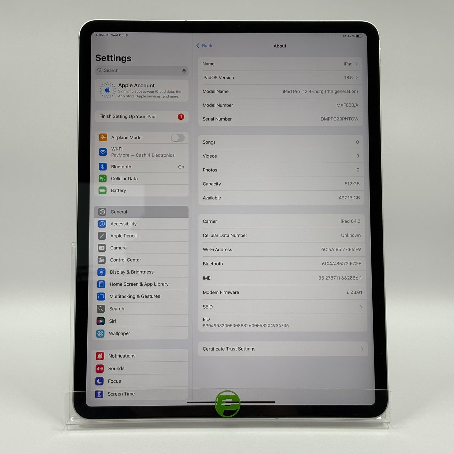 Unlocked Apple iPad Pro 12.9" 4th Gen 512GB Space Gray MXF82B/A