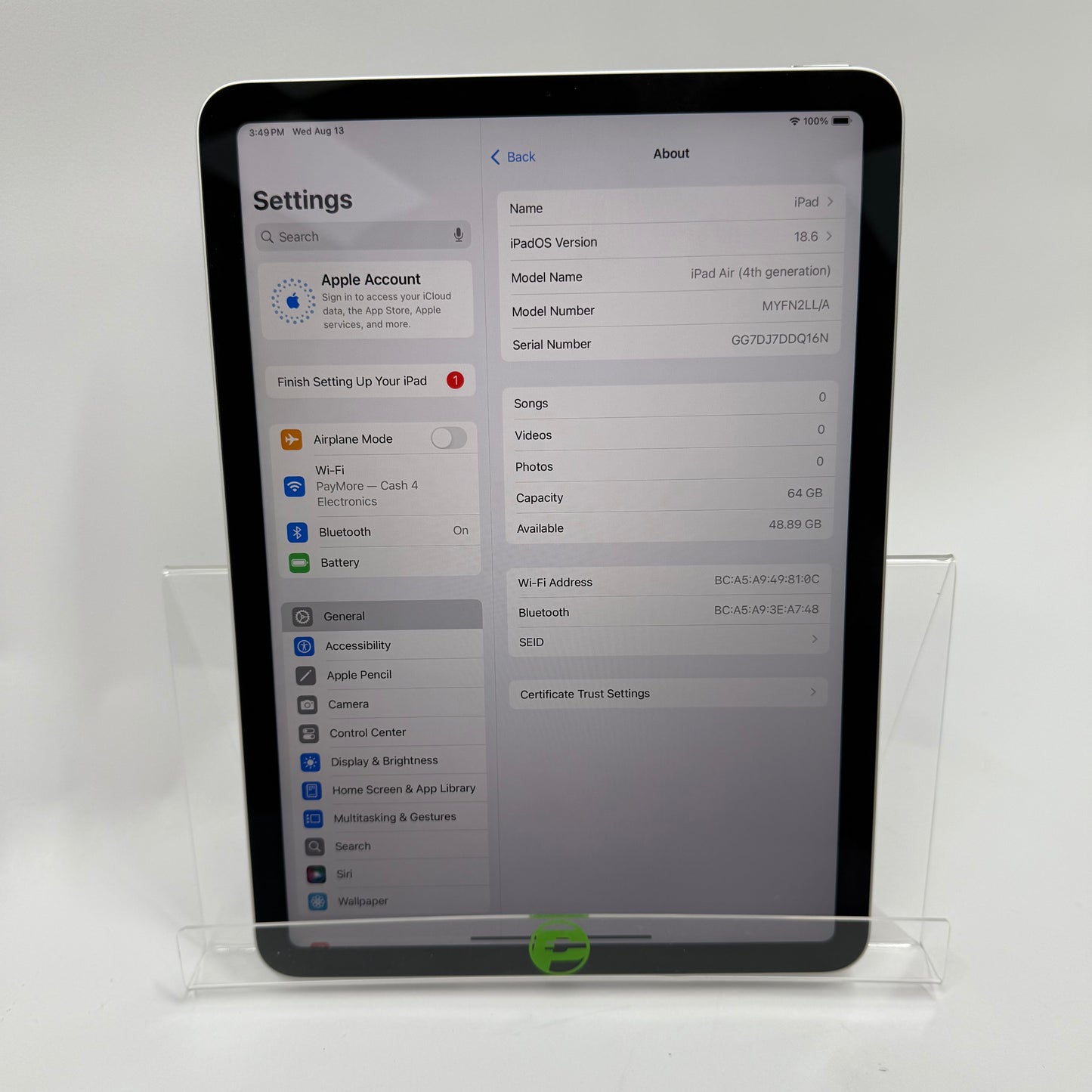 WiFi Only Apple iPad Air 4th Gen 64GB Silver MYFN2LL/A
