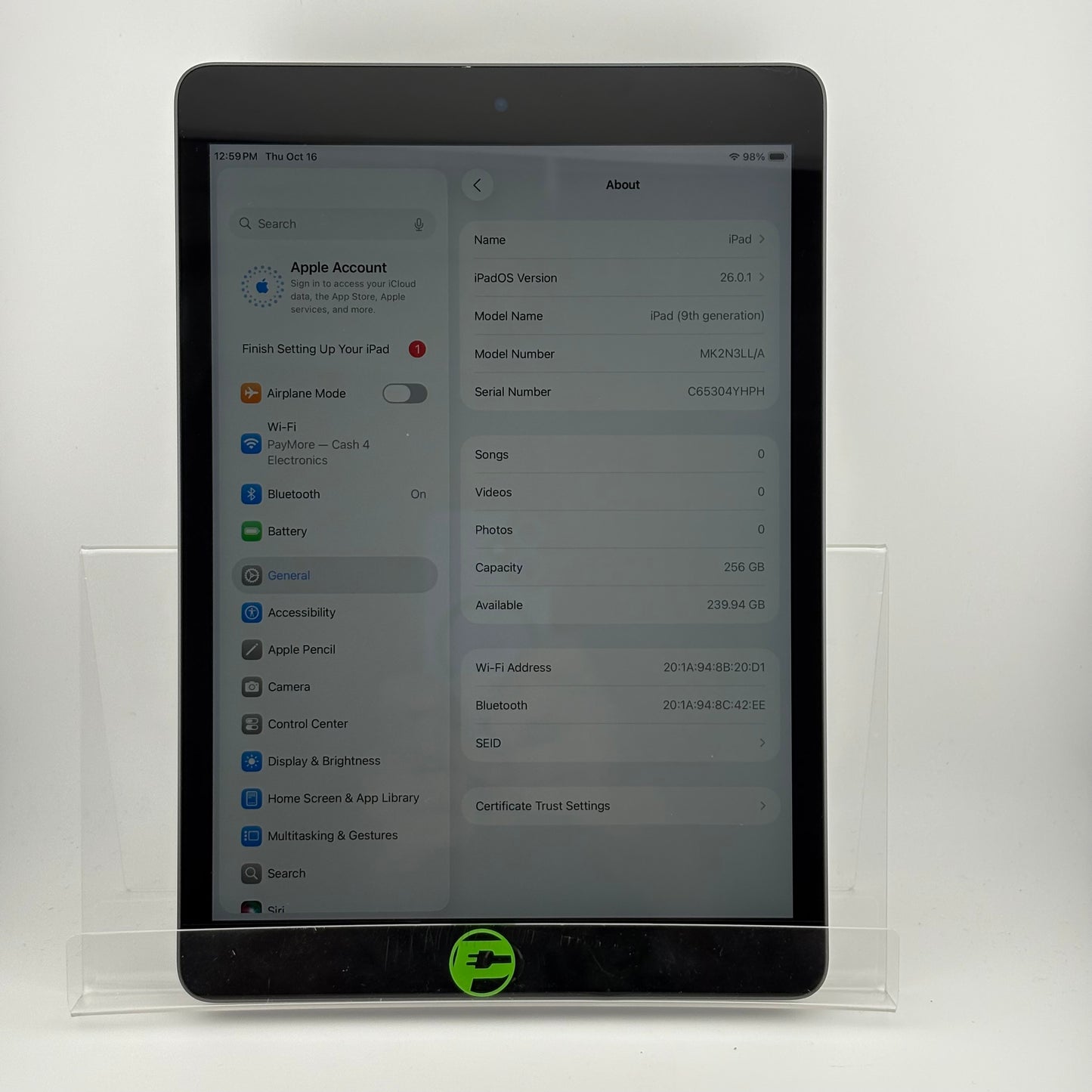 WiFi Only Apple iPad 9th Gen 256GB Space Gray MK2N3LL/A