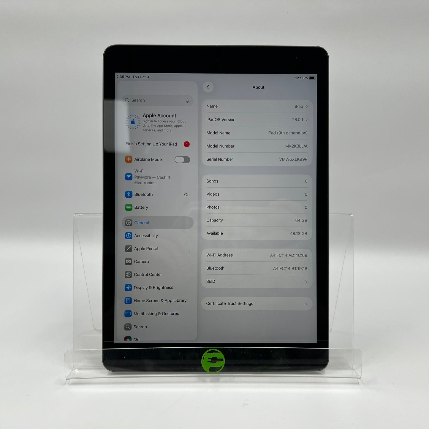 WiFi Only Apple iPad 9th Gen 64GB Space Gray MK2K3LL/A
