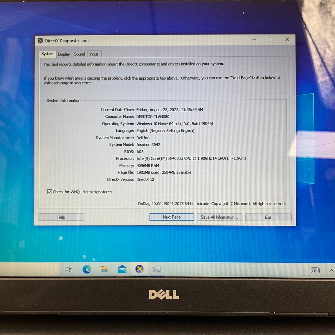 Dell Inspiron Laptop 15.6" i3-4030U 1.9GHz 4GB 500GB HDD Black 3542