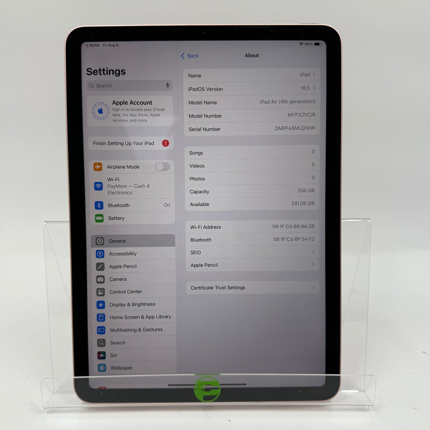 WiFi Only Apple iPad Air 4th Gen 256GB Rose Gold MYFX2VC/A