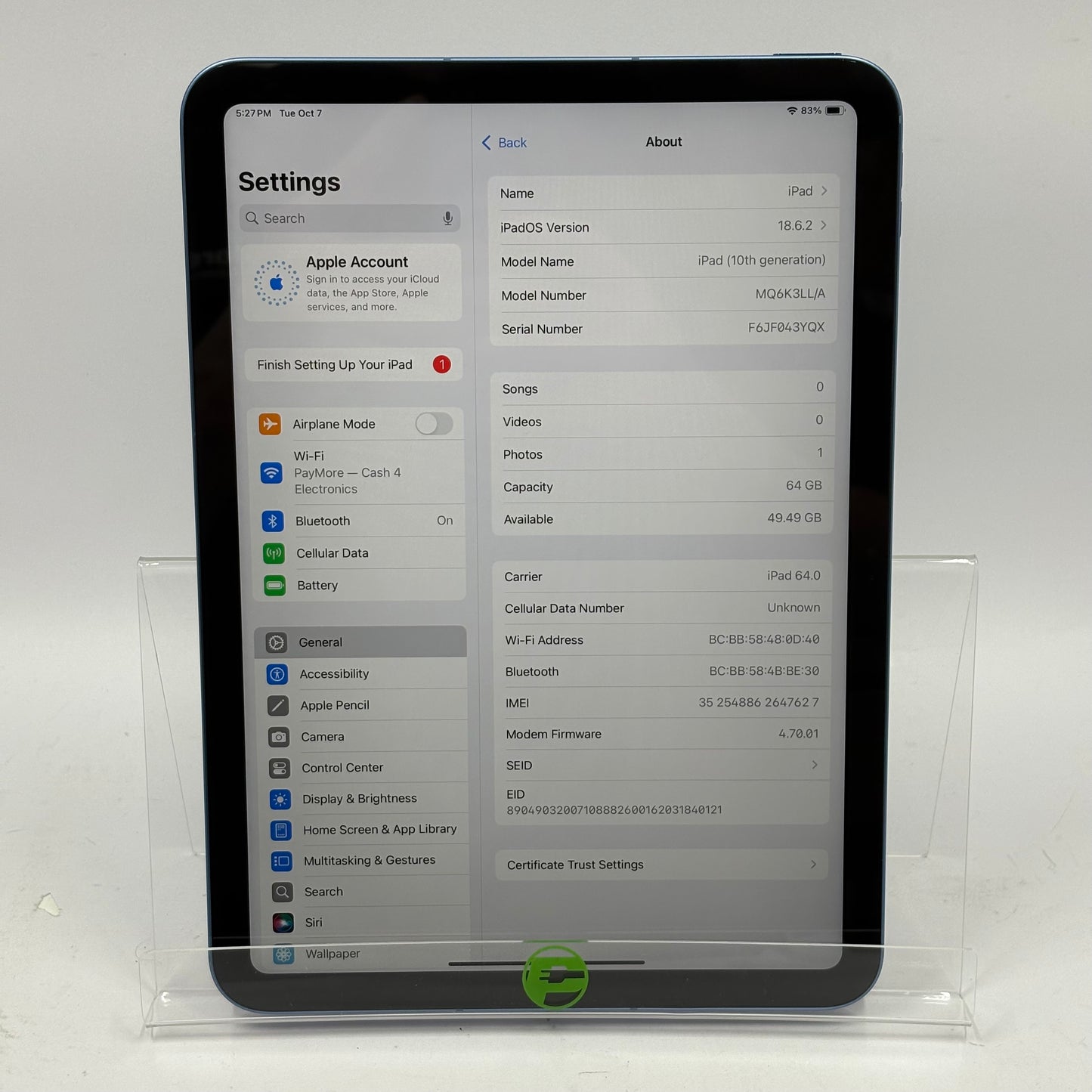 WiFi Only Apple iPad 10th Gen 64GB Blue MQ6K3LL/A