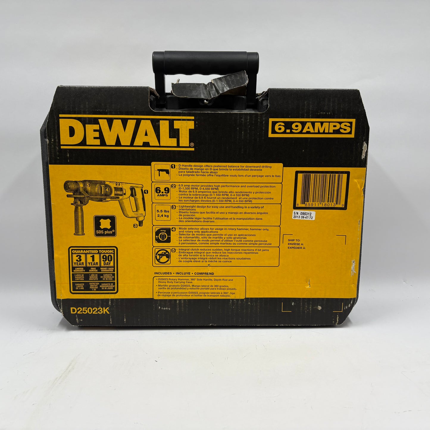 New DeWalt D25023K 7/8" (22mm) Compact SDS Rotary Hammer Kit