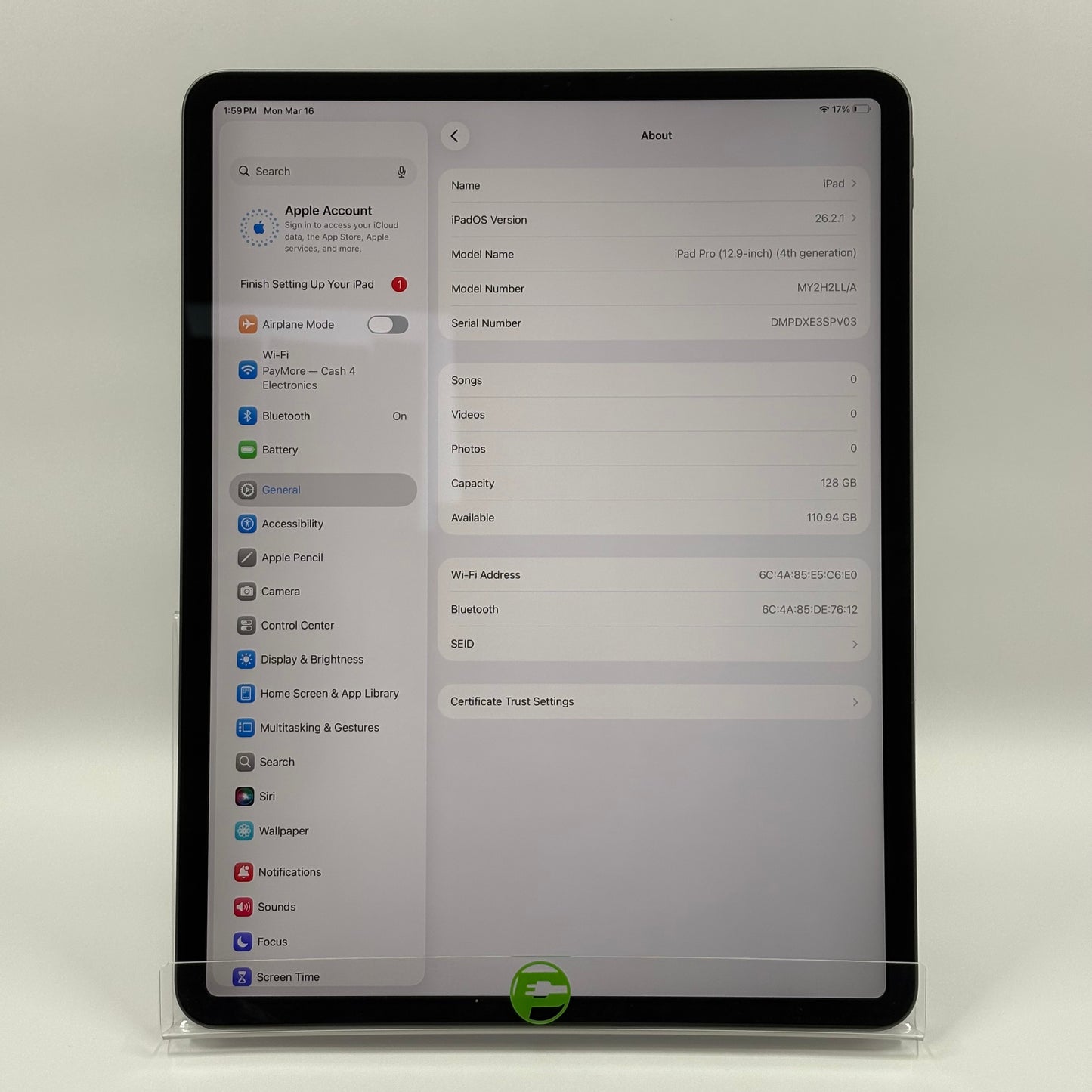 WiFi Only Apple iPad Pro 12.9" 4th Gen 128GB Space Gray MY2H2LL/A
