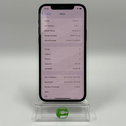 Factory Unlocked Apple iPhone 12 64GB Black MMPT3LL/A