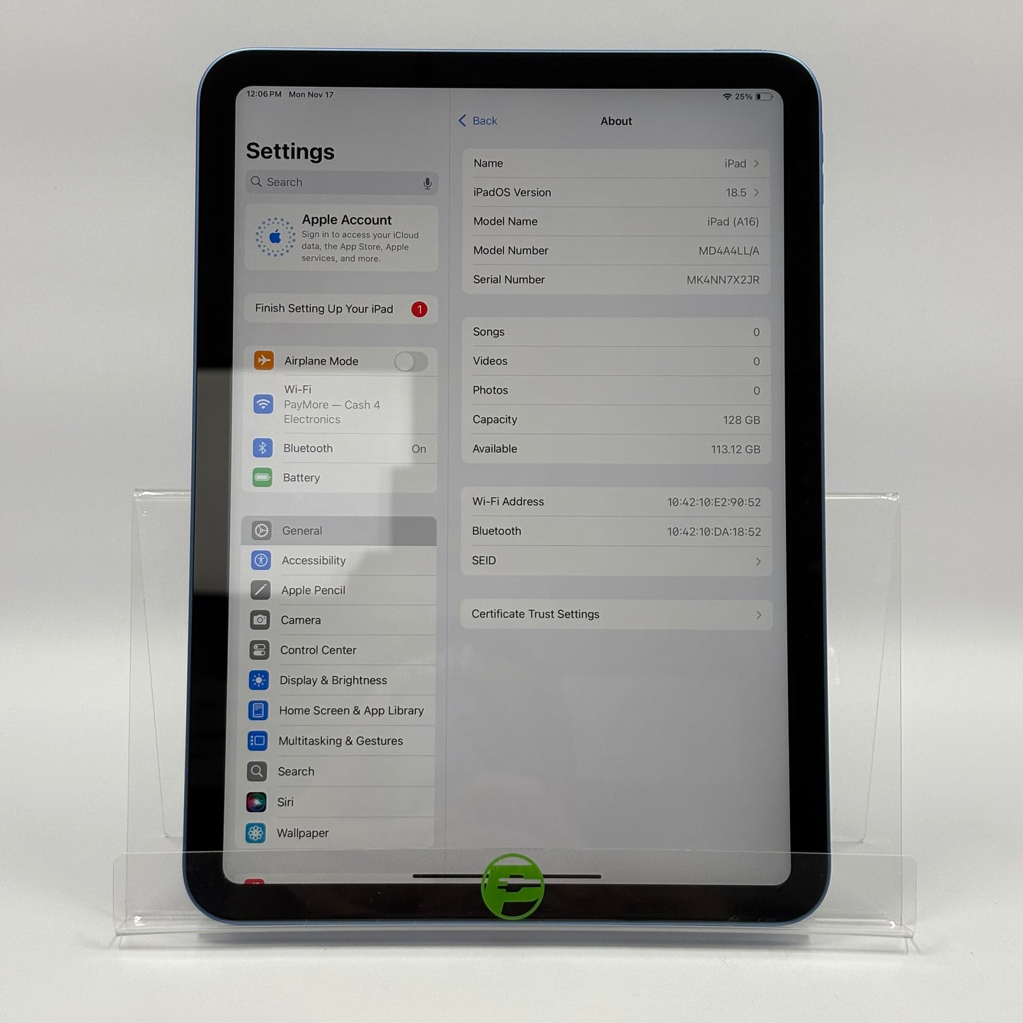 WiFi Only Apple iPad 11" (A16) 128GB Blue MD4A4LL/A