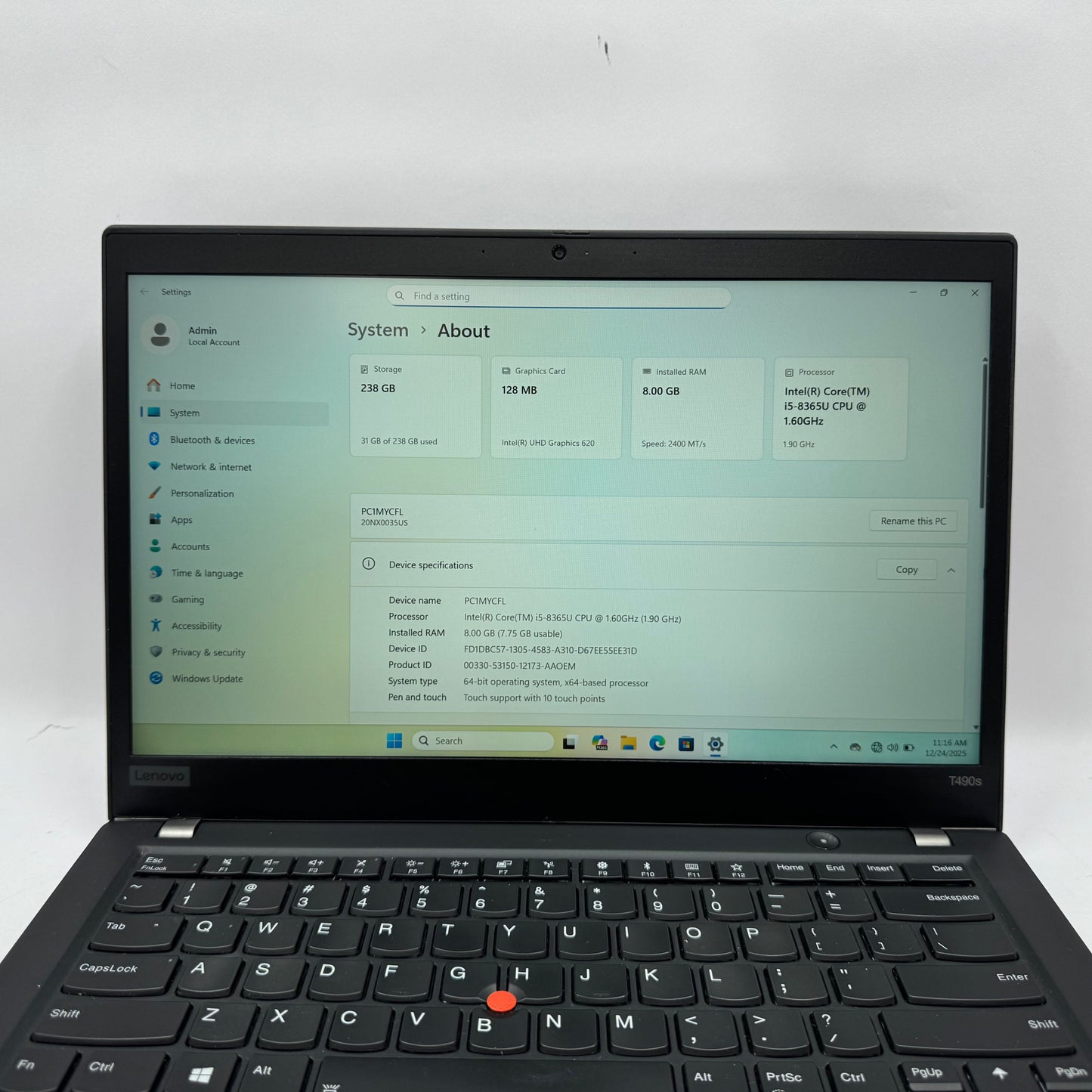 Lenovo ThinkPad T490S 14" i5-8365U 1.9GHz 8GB RAM 256GB SSD