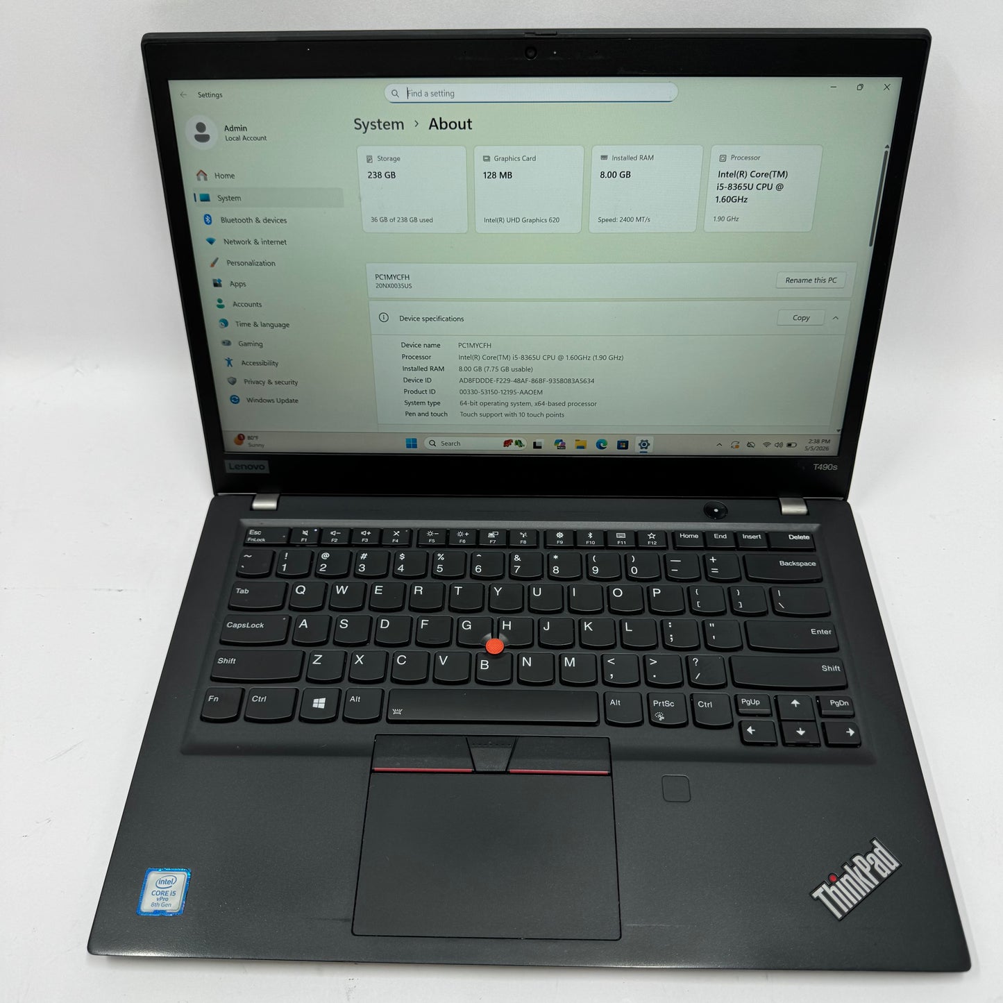 Lenovo ThinkPad T490s 20NX0035US 14" i5-8365U 1.6GHz 8GB RAM 256GB SSD Read