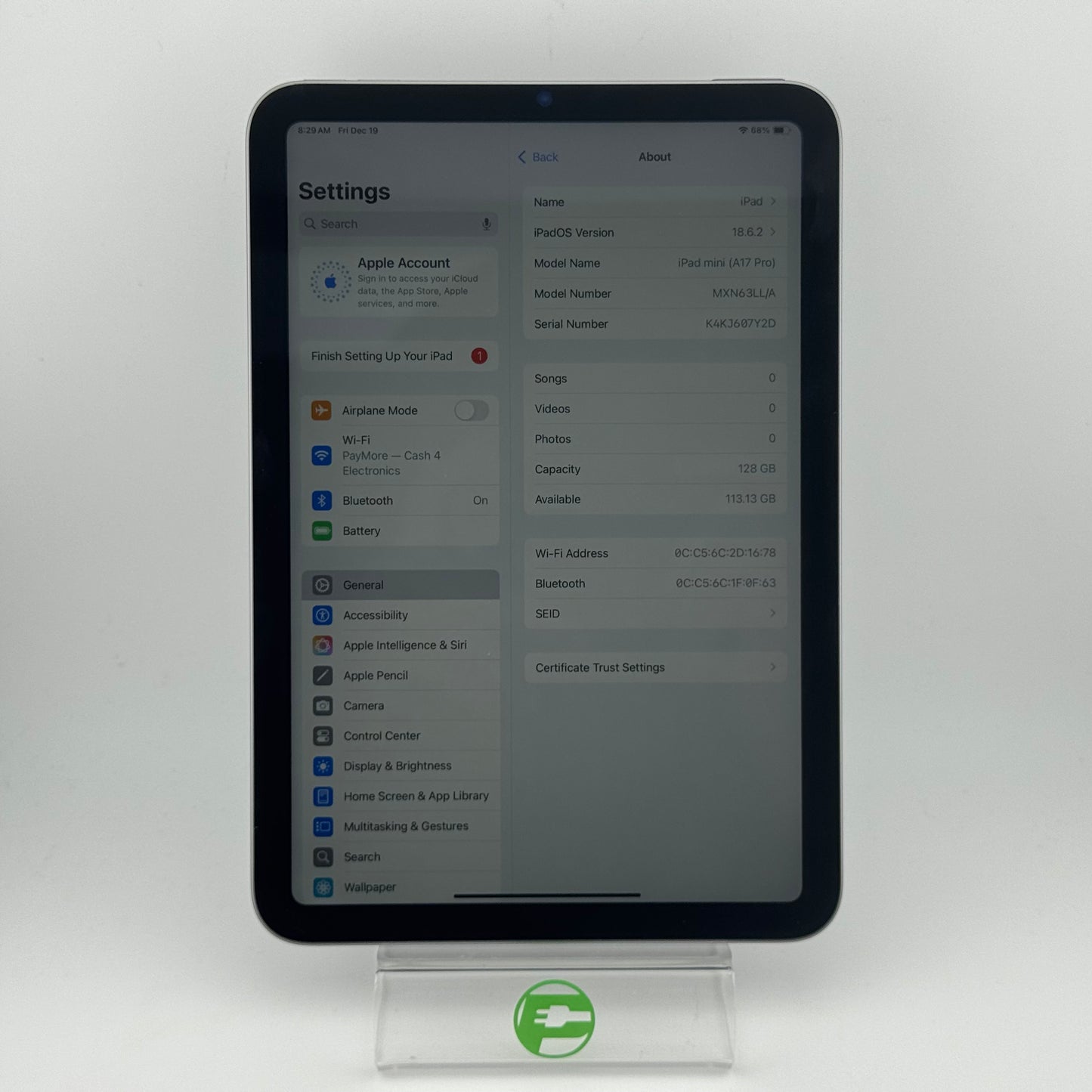 WiFi Only Apple iPad mini (A17 Pro) 128GB Space Gray MXN63LL/A