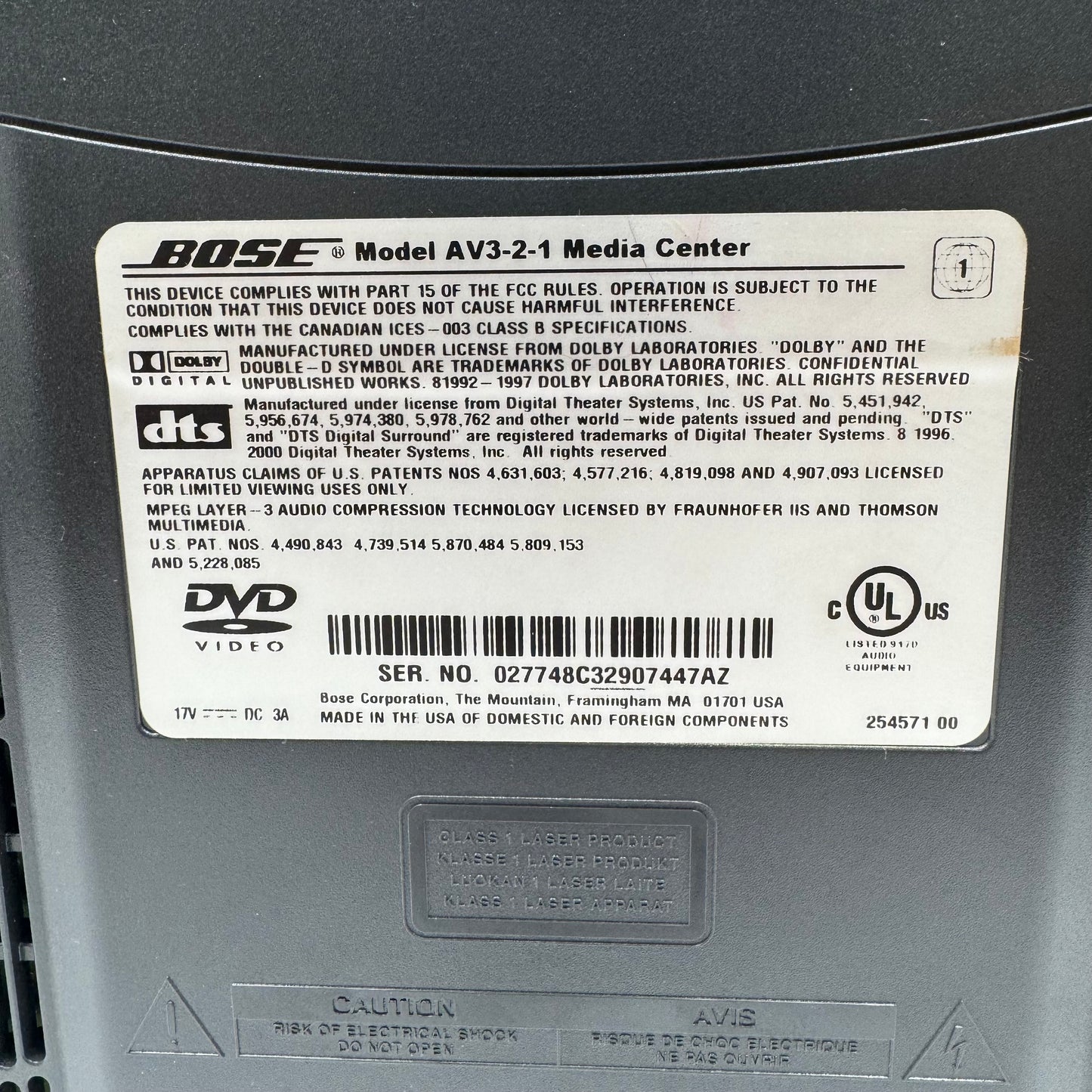 Bose AV3-2-1 Media Center PS3-2-1 Receiver With Speakers Acoustimass Cable