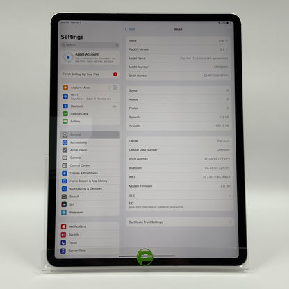 Unlocked Apple iPad Pro 12.9" 4th Gen 512GB Space Gray MXF82B/A