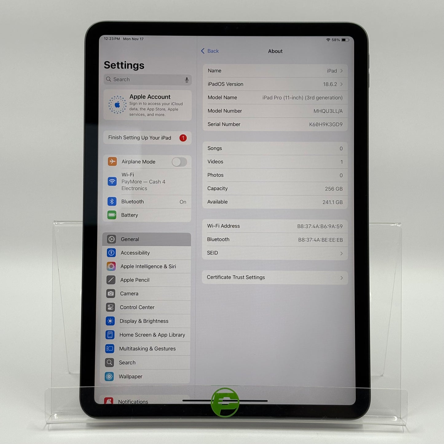 WiFi Only Apple iPad Pro 11" 3rd Gen 256GB Space Gray MHQU3LL/A