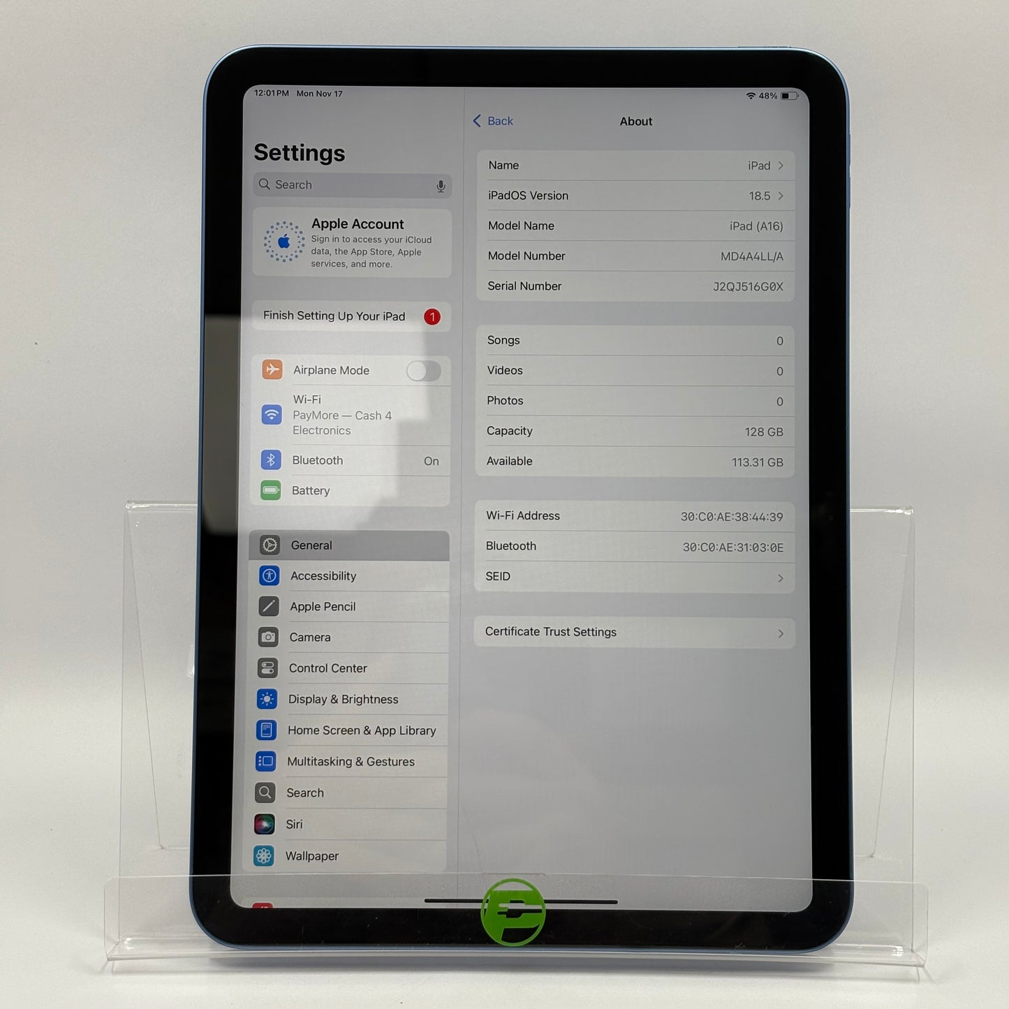 WiFi Only Apple iPad 11" (A16) 128GB Blue MD4A4LL/A