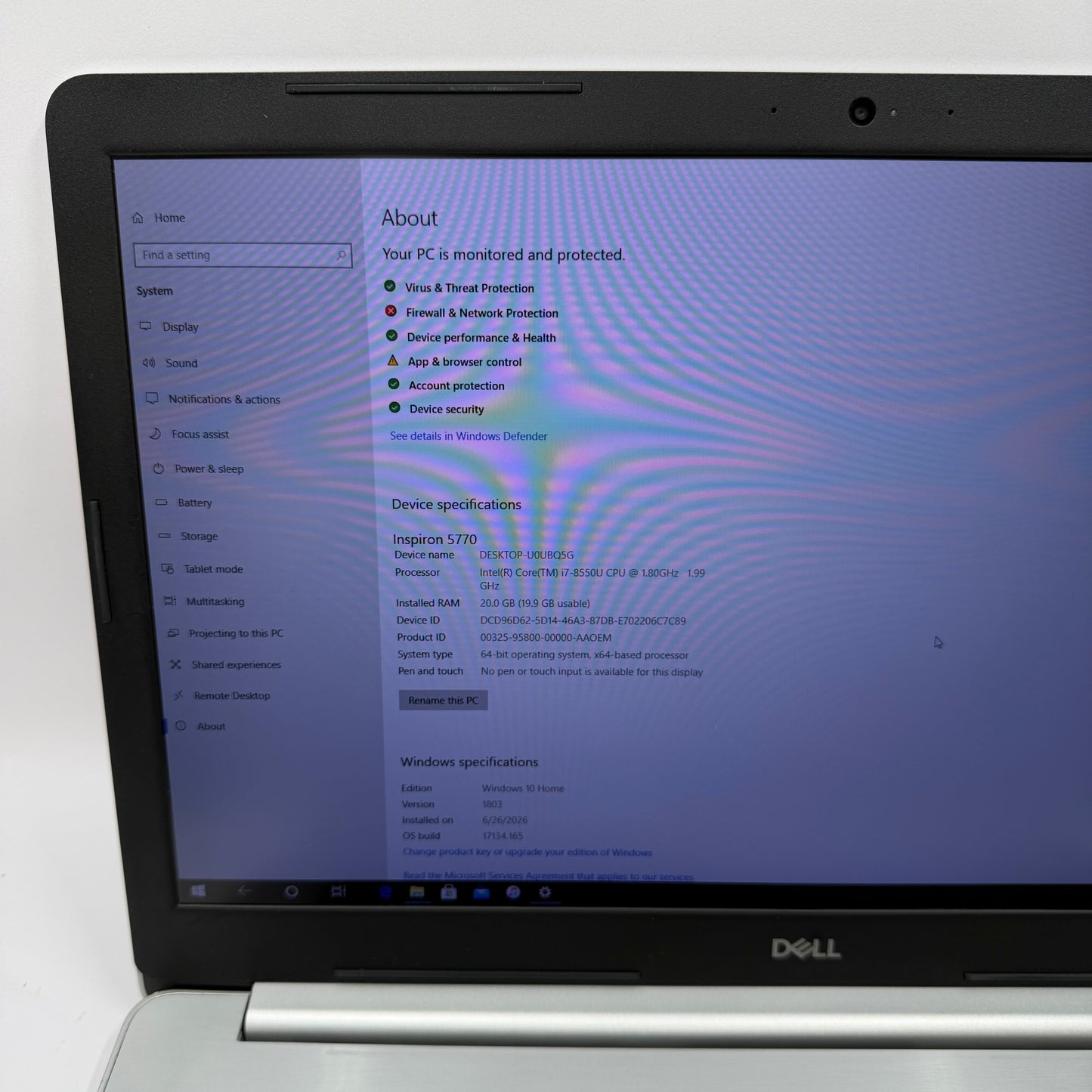 Broken Dell Inspiron 5770 17.3" i7-8550U 20GB RAM 2TB HDD 256GB SSD Bad Batt