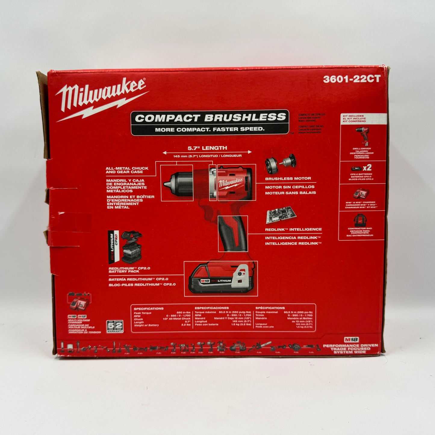 Milwaukee 3601-22ct M18 18V Compact Brushless 1/2" Drill/Driver Kit