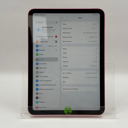 WiFi Only Apple iPad 10th Gen 64GB Pink MPQ33LL/A