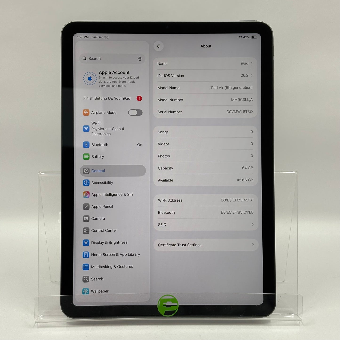 WiFi Only Apple iPad Air 5th Gen 64GB Space Gray MM9C3LL/A