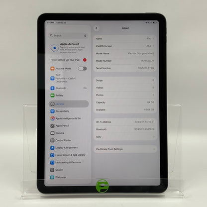 WiFi Only Apple iPad Air 5th Gen 64GB Space Gray MM9C3LL/A