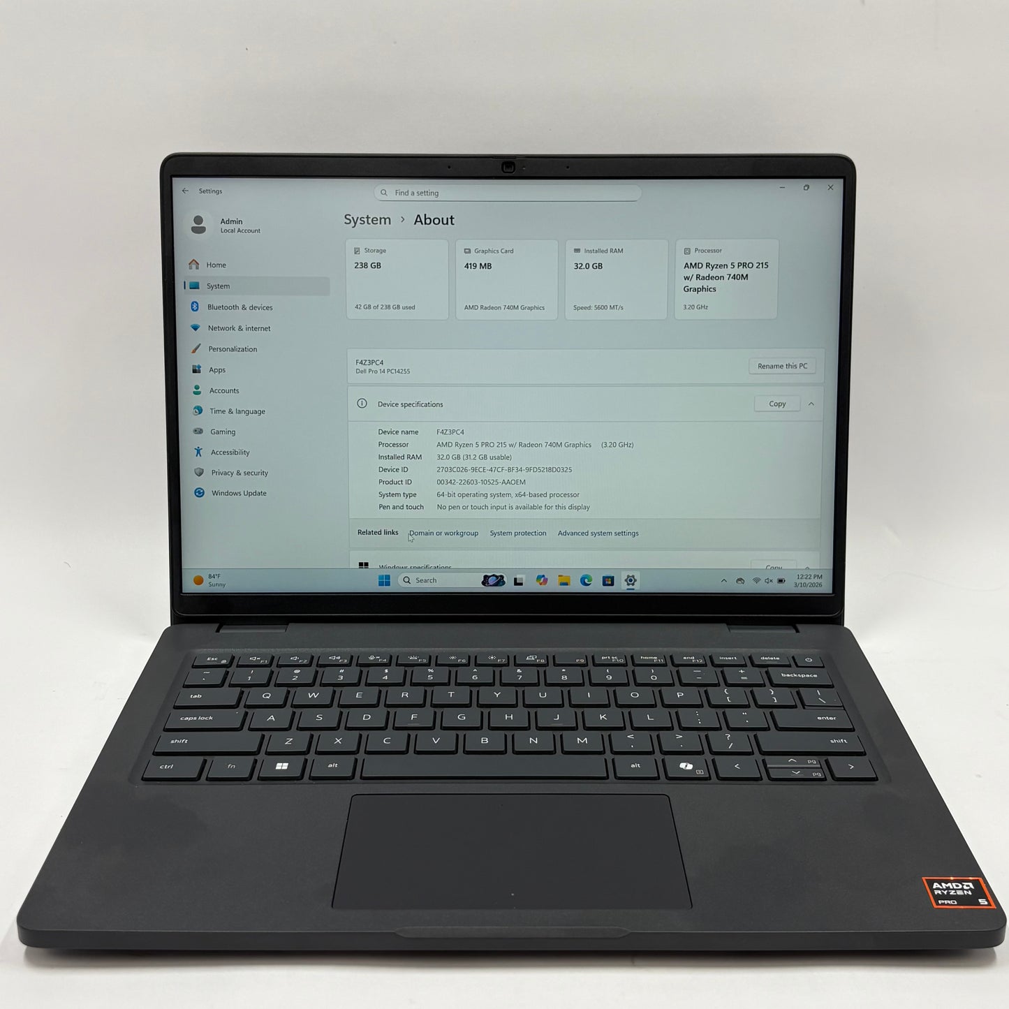 Dell Pro 14 PC14255 14" Ryzen 5 PRO 215 3.2GHz 32GB RAM 256GB SSD