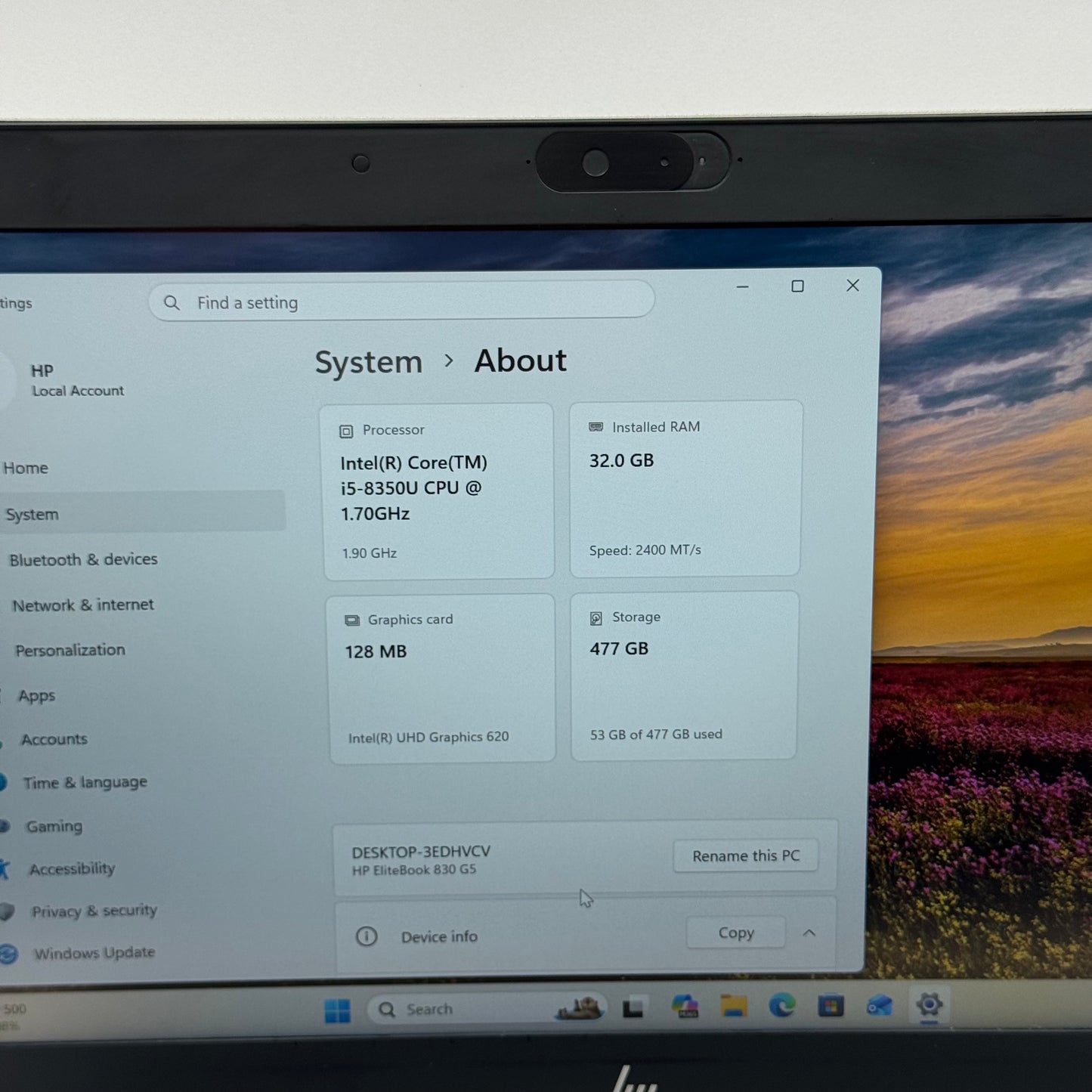HP EliteBook 830 G5 8265NGW 13.3" i5-8350U 1.9GHz 32GB RAM 512GB SSD
