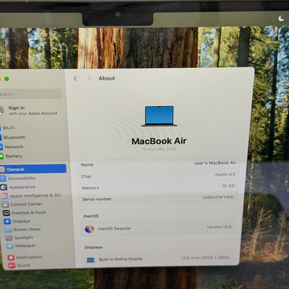 2024 Apple MacBook Air 13.6" M3 10C GPU 4.0GHz 16GB RAM 512GB SSD A3113