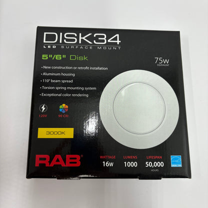 New RAB DISK34 6" Ultra-Slim LED Surface Mount 3000K DSK34-6R16930120WS 4 Pack