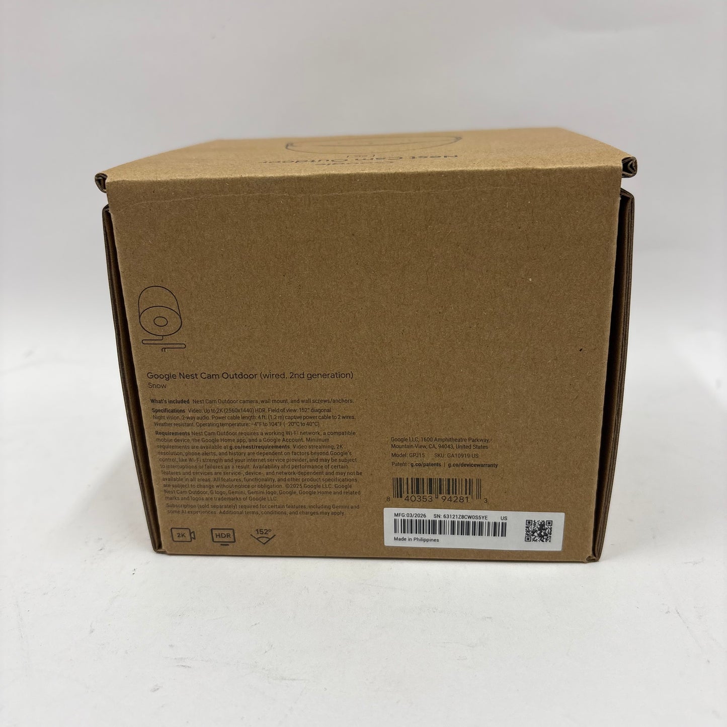 New Google Nest Cam Outdoor (Wired 2nd Gen) Smart Doorbell Camera GPJ15