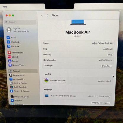 2022 Apple MacBook Air 13.6" M2 8C GPU 3.5GHz 8GB RAM 256GB SSD A2681