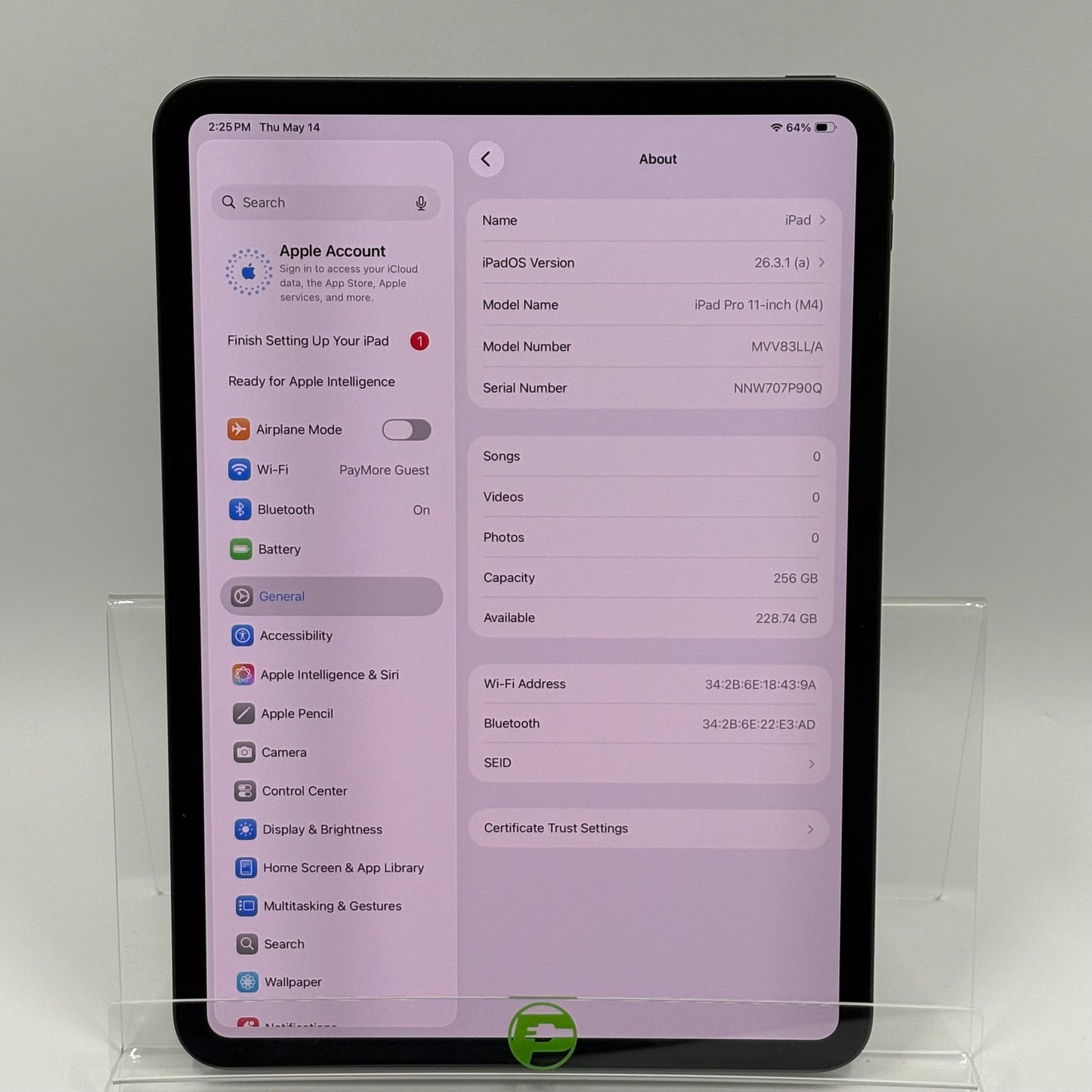 WiFi Only Apple iPad Pro 11" M4 256GB Space Black MVV83LL/A