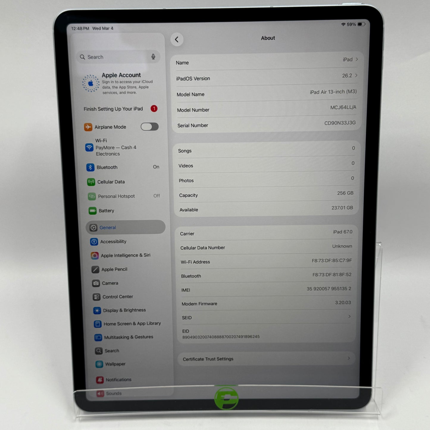 Unlocked Apple iPad Air 13" M3 256GB Blue MCJ64LL/A