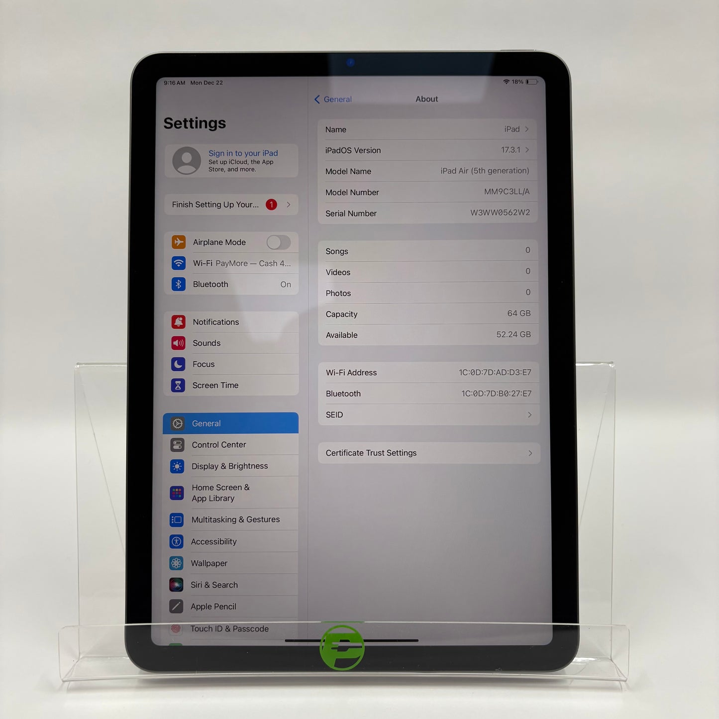 WiFi Only Apple iPad Air 5th Gen 64GB Space Gray MM9C3LL/A