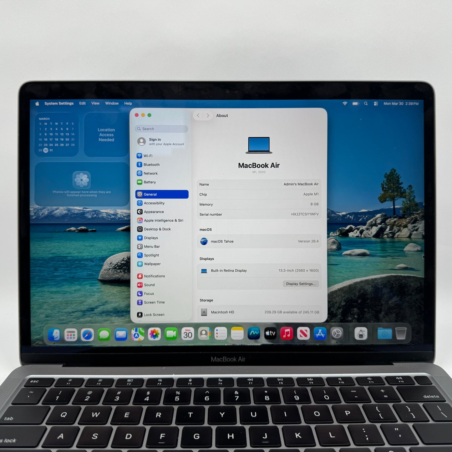 2020 Apple MacBook Air 13.3" M1 7C GPU 3.2GHz 8GB RAM 256GB SSD A2337