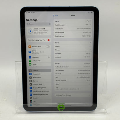WiFi Only Apple iPad 10th Gen 64GB Blue MQ6K3LL/A