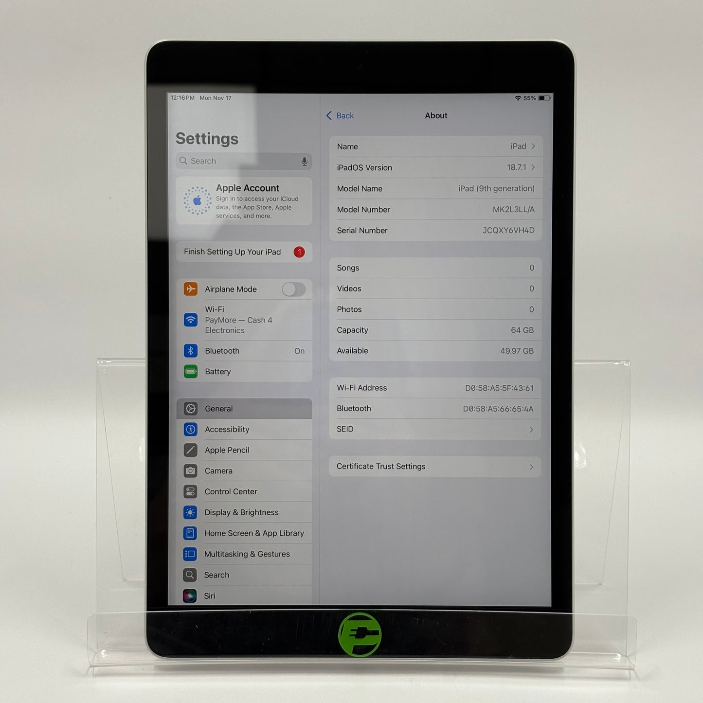 WiFi Only Apple iPad 9th Gen 64GB Silver MK2L3LL/A