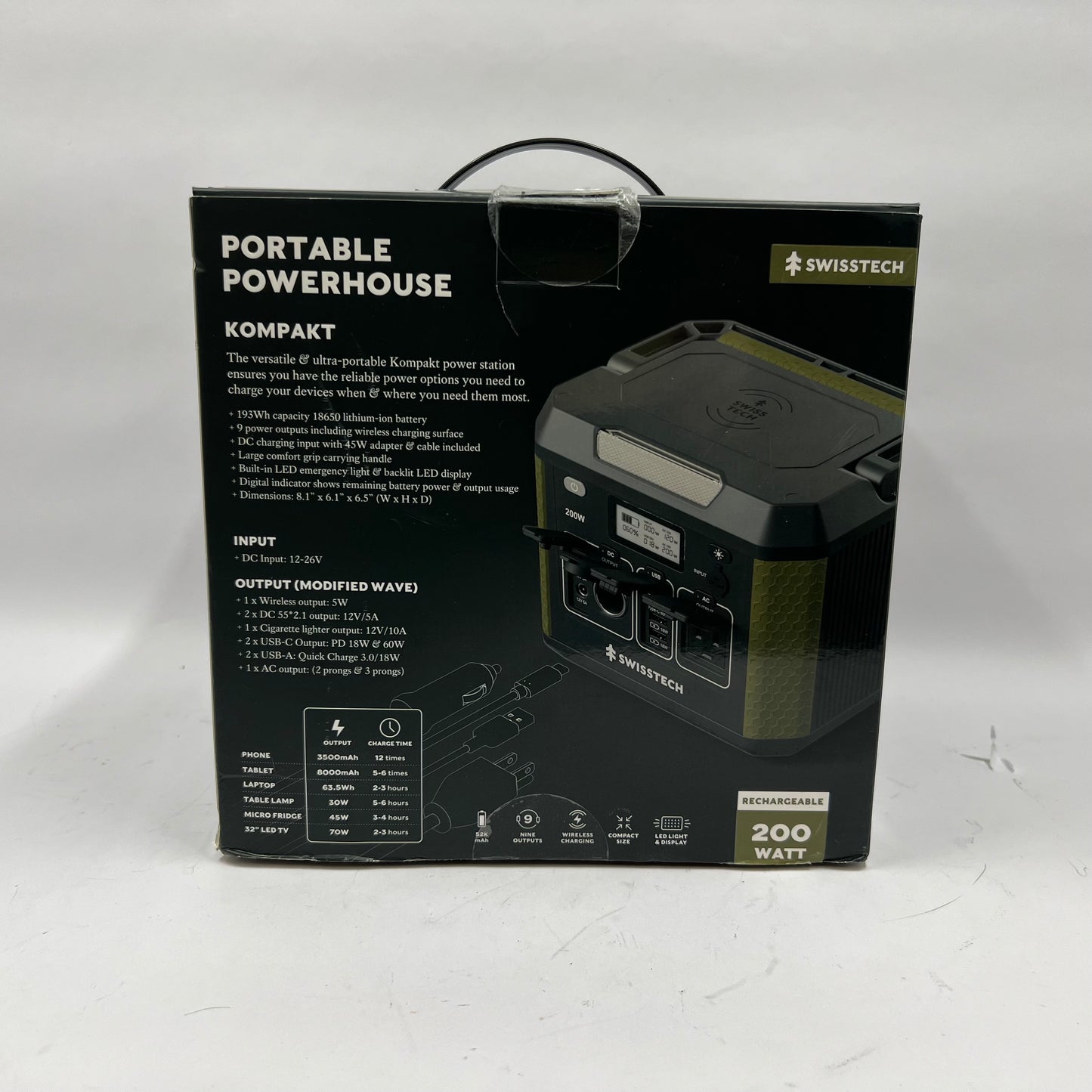 Swiss Tech Kompakt Portable Power Station 33649 200W with Wireless Charging Pad