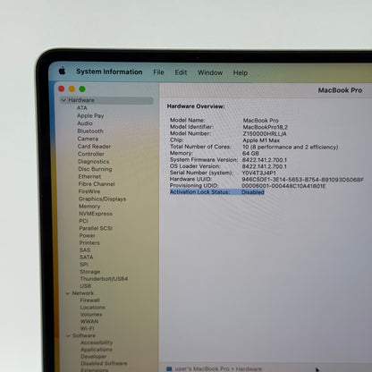 2021 Apple MacBook Pro 16" M1 Max 32C GPU 3.2GHz 64GB RAM 4TB SSD A2485