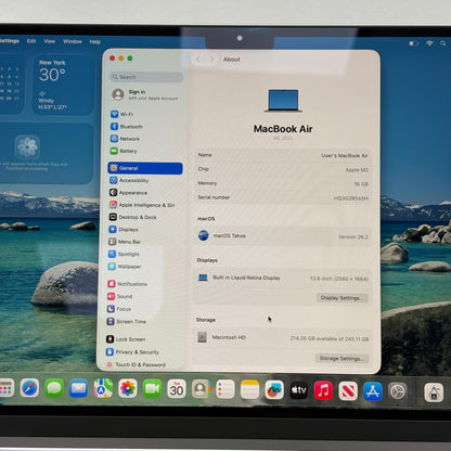 2022 Apple MacBook Air 13.6" M2 8 Core 3.5GHz 16GB RAM 256GB SSD MC7U4LL/A