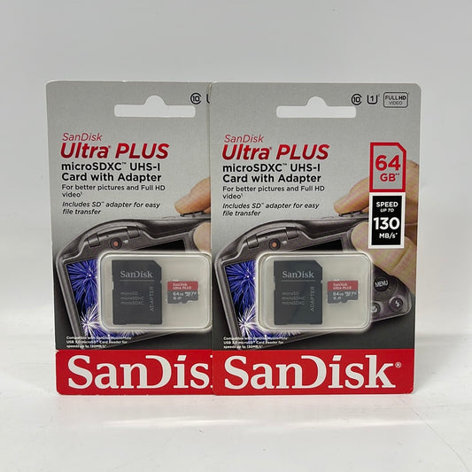 Lot Of 2 New! SanDisk Ultra Plus MicroSDXC UHS-I Card + Adapter 64GB 130MB/s